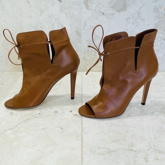 JIMMY CHOO Ankle Boot Bootie Memphis 100 Leather Canyon Brown Camel Peep… - Picture 4 of 16